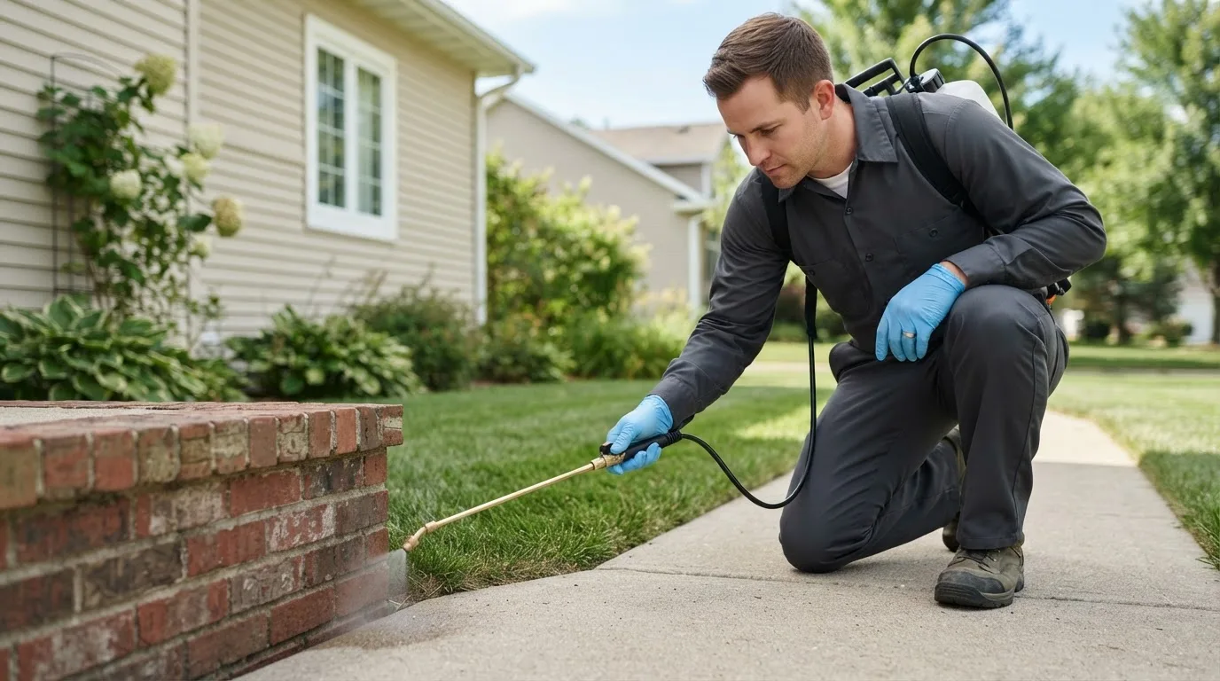 Pest control technician treating a home near Guys Mills, PA